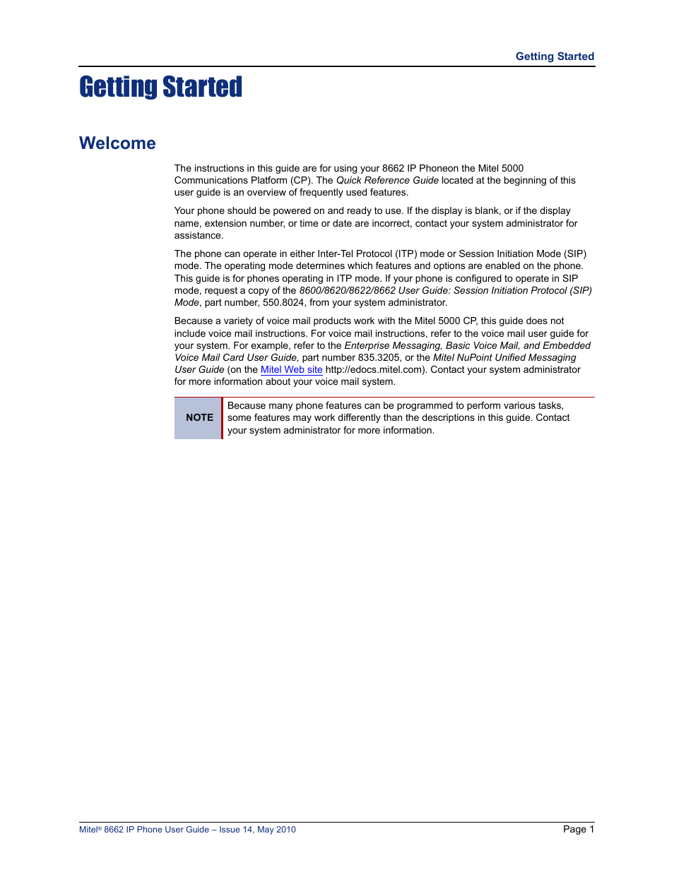 Getting started, Welcome | Mitel 8662 User Manual | Page 15 / 78