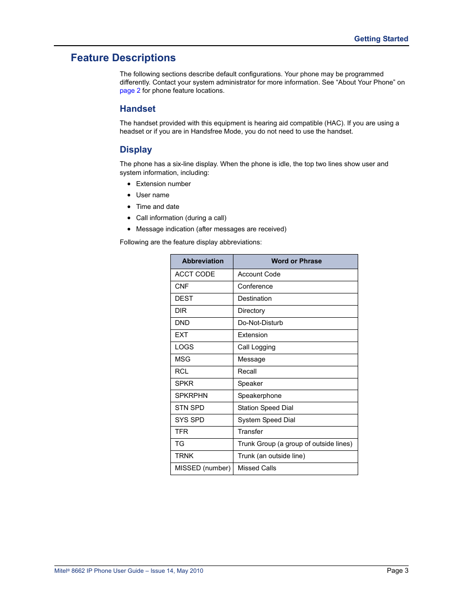 Feature descriptions, Handset display, Handset | Display | Mitel 8662 User Manual | Page 17 / 78