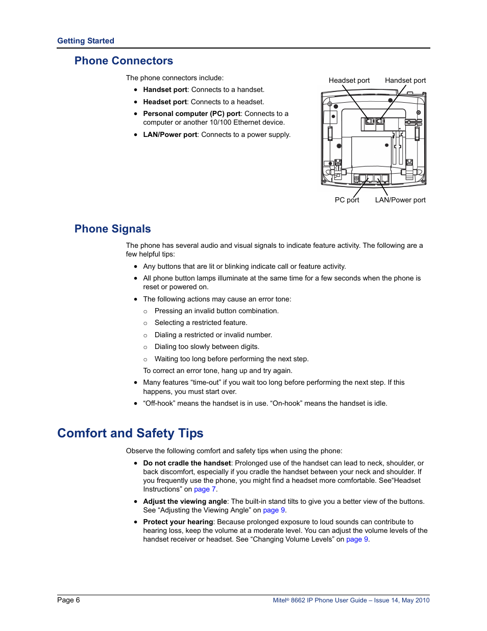 Phone connectors, Phone signals, Comfort and safety tips | Phone connectors phone signals | Mitel 8662 User Manual | Page 20 / 78