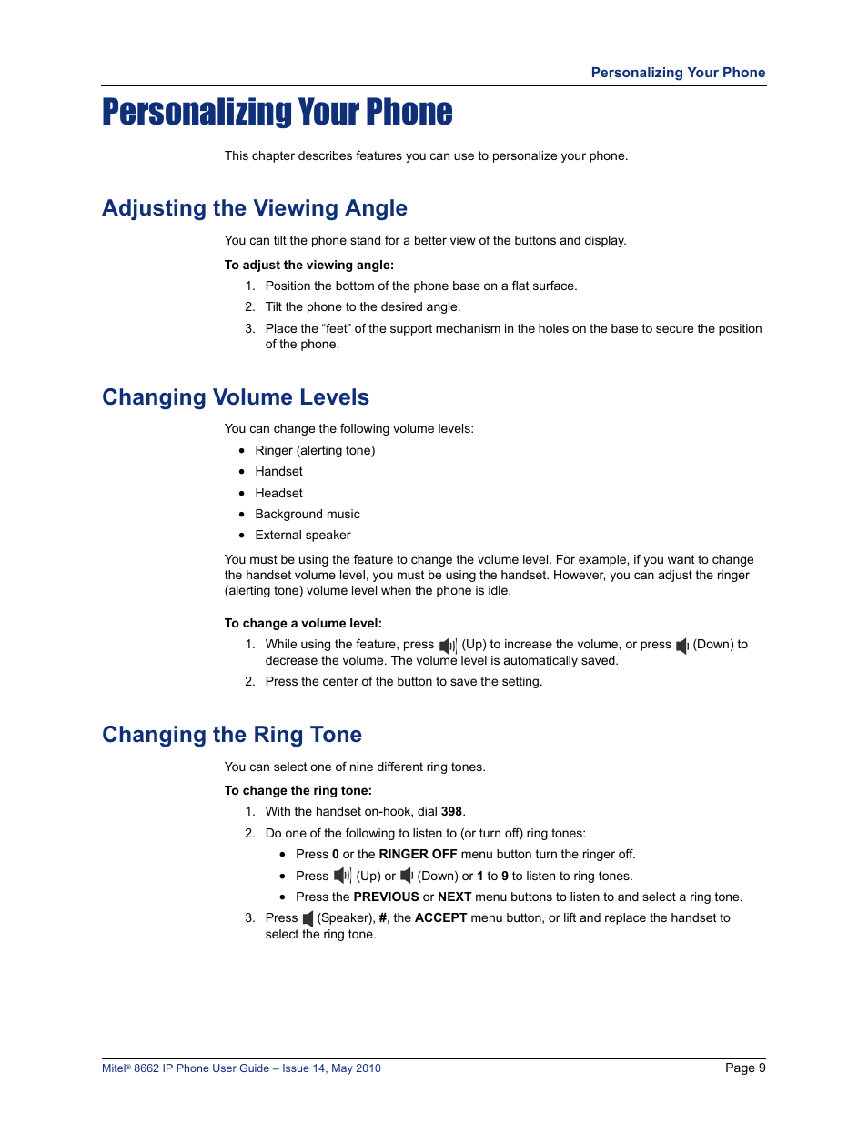 Personalizing your phone, Adjusting the viewing angle, Changing volume levels | Changing the ring tone, See “adjusting the viewing angle” on, Set. see “changing volume levels” on | Mitel 8662 User Manual | Page 23 / 78