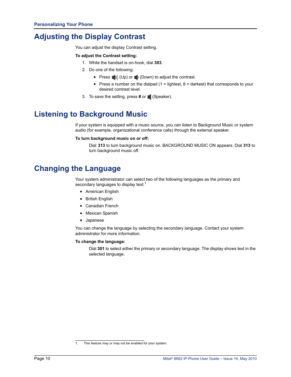 Adjusting the display contrast, Listening to background music, Changing the language | Mitel 8662 User Manual | Page 24 / 78