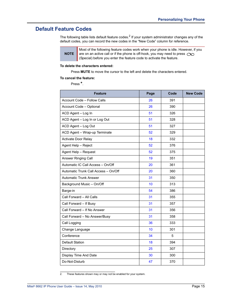 Default feature codes, D “default feature codes” on | Mitel 8662 User Manual | Page 29 / 78