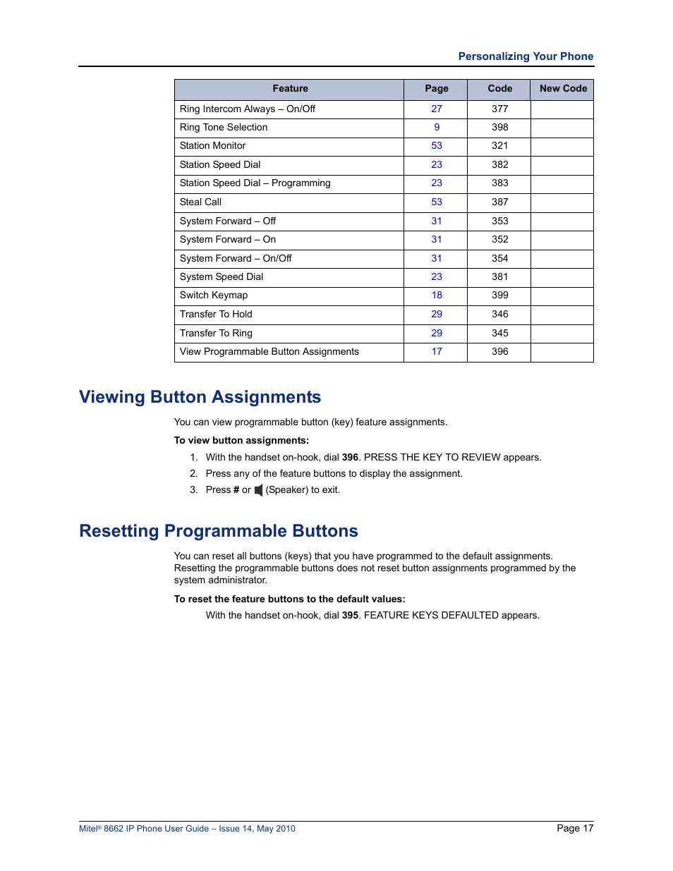 Viewing button assignments, Resetting programmable buttons | Mitel 8662 User Manual | Page 31 / 78