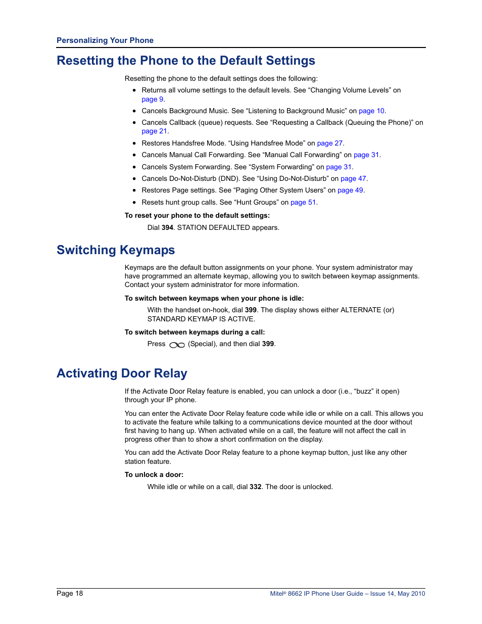 Resetting the phone to the default settings, Switching keymaps, Activating door relay | Mitel 8662 User Manual | Page 32 / 78