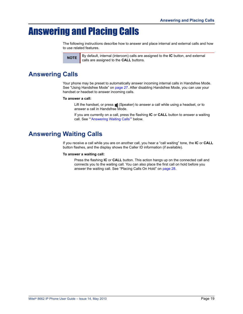 Answering and placing calls, Answering calls, Answering waiting calls | Mitel 8662 User Manual | Page 33 / 78
