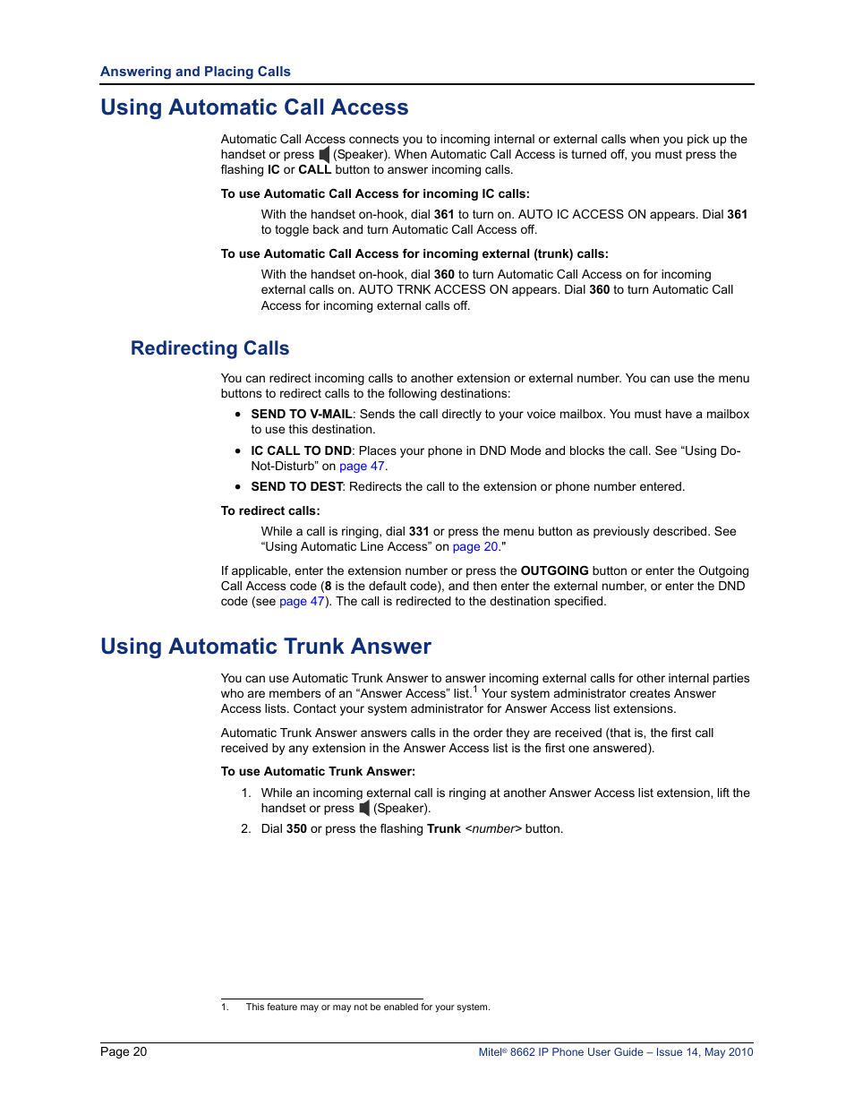 Using automatic call access, Redirecting calls, Using automatic trunk answer | Mitel 8662 User Manual | Page 34 / 78
