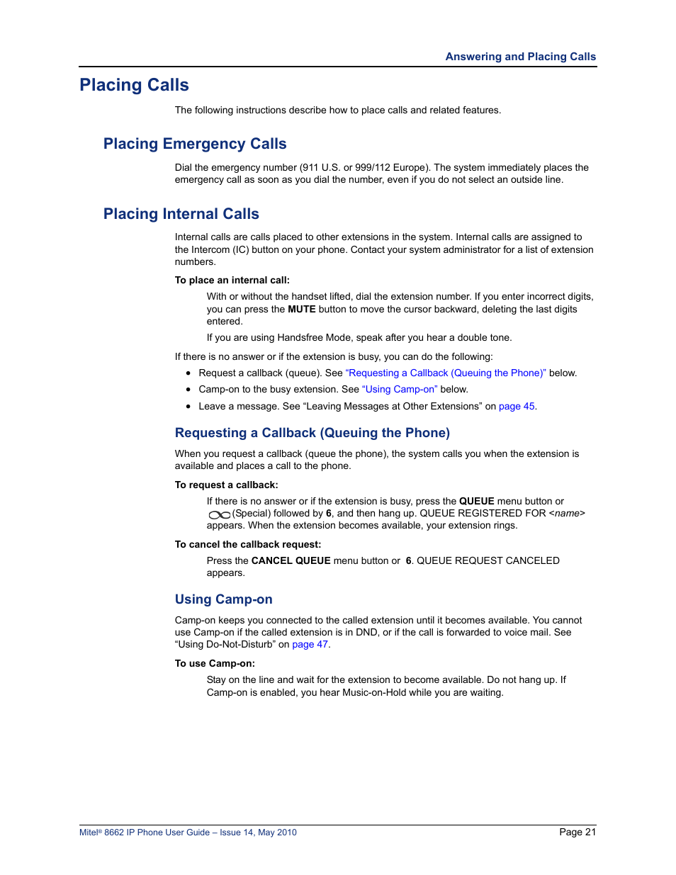 Placing calls, Placing emergency calls, Placing internal calls | Placing emergency calls placing internal calls, See “requesting a callback (queuing the phone)” on | Mitel 8662 User Manual | Page 35 / 78