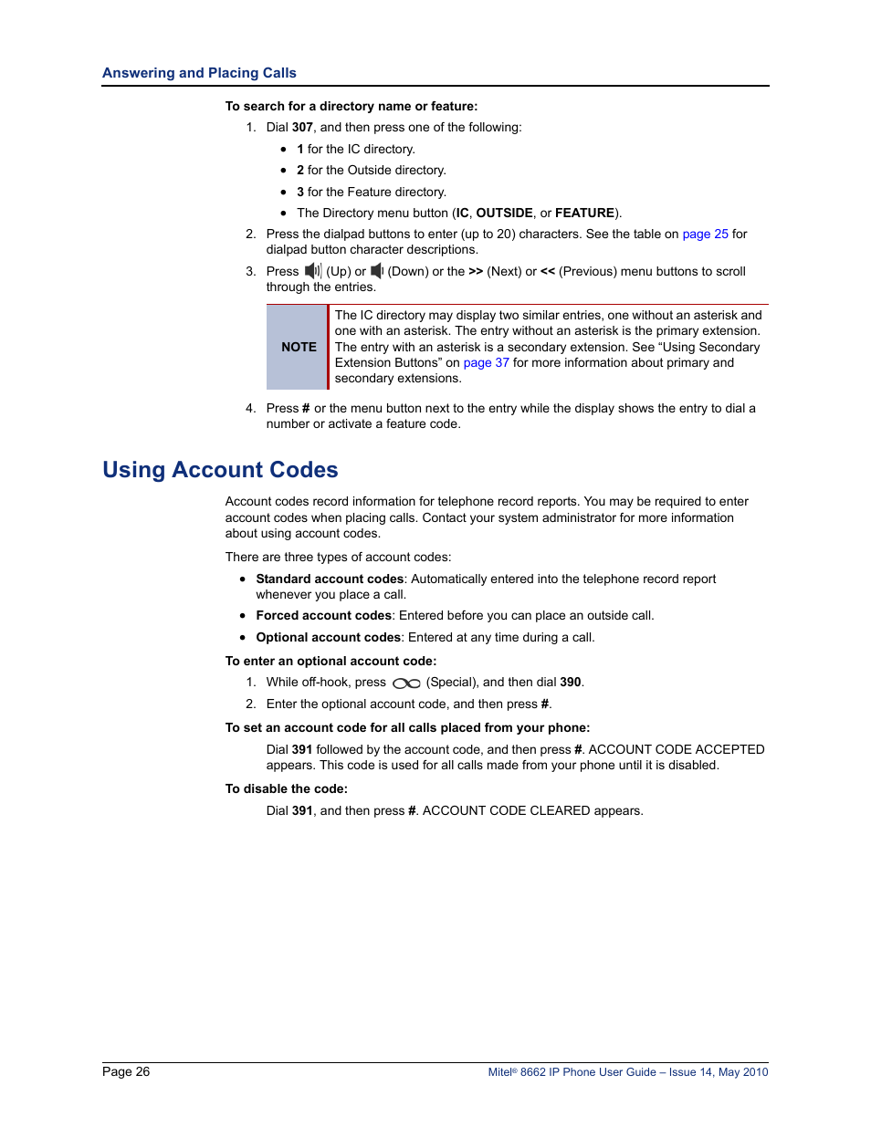 Using account codes, E “using account codes” on | Mitel 8662 User Manual | Page 40 / 78