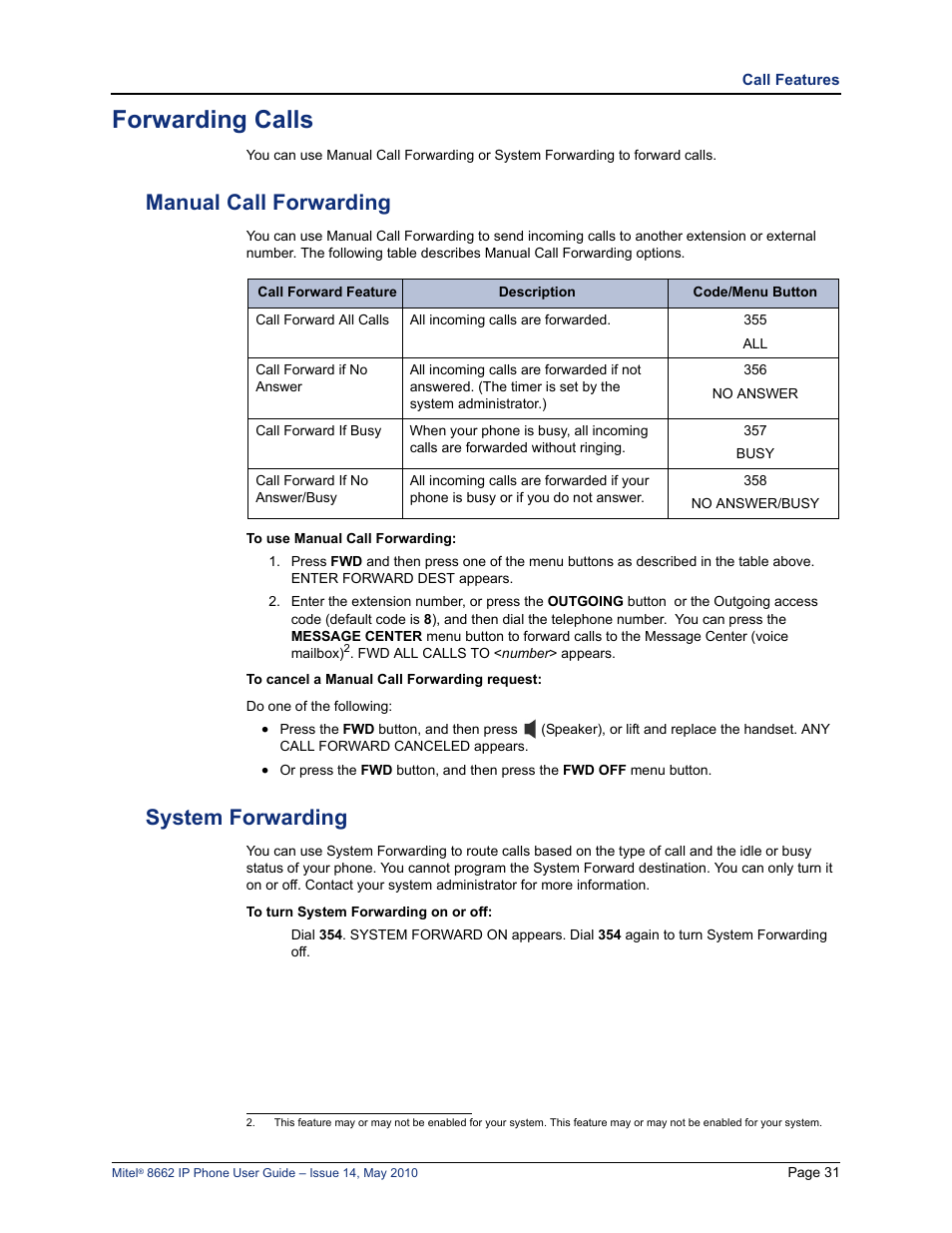 Forwarding calls, Manual call forwarding, System forwarding | Manual call forwarding system forwarding, E “manual call forwarding” on, System forwarding” on | Mitel 8662 User Manual | Page 45 / 78