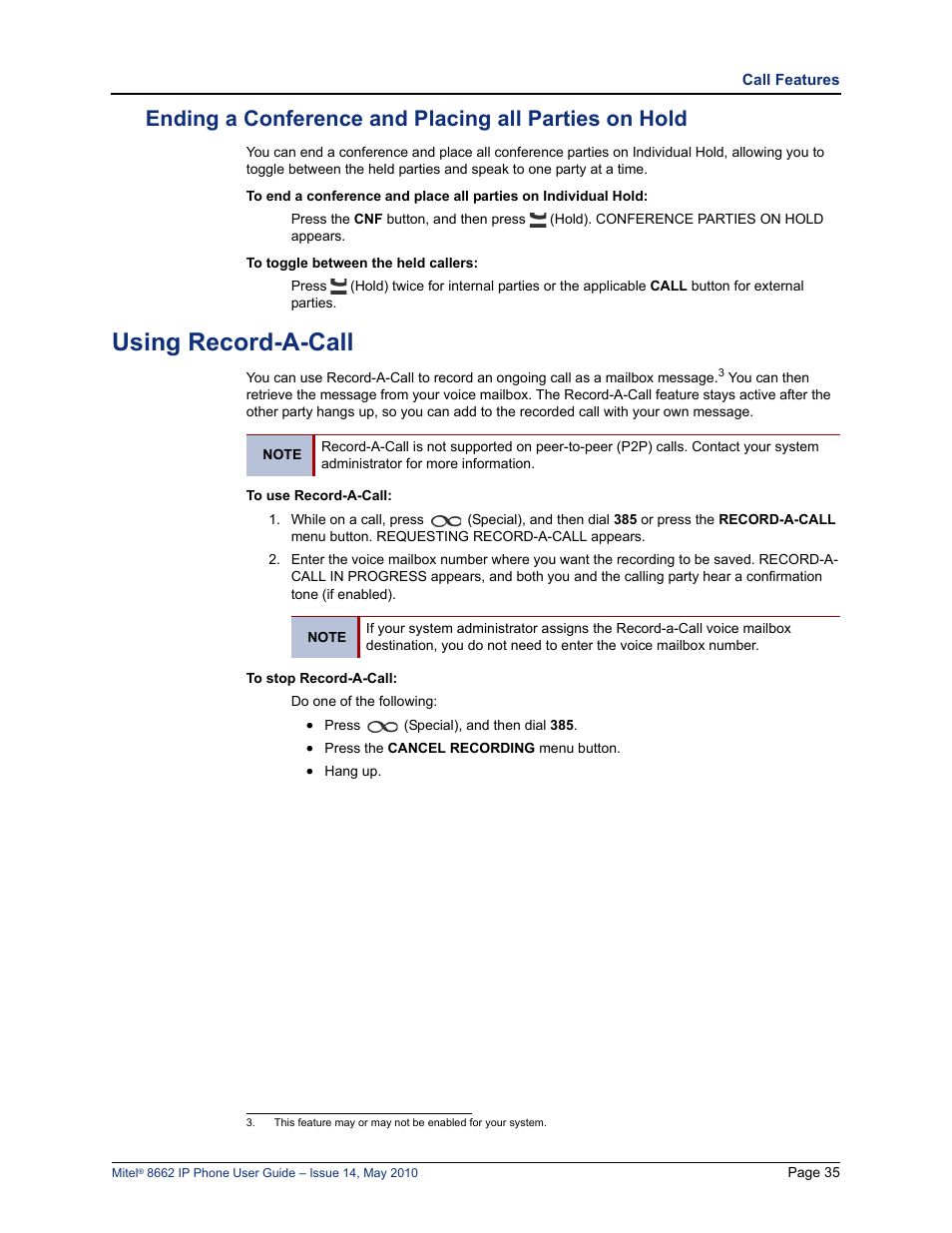 Using record-a-call | Mitel 8662 User Manual | Page 49 / 78