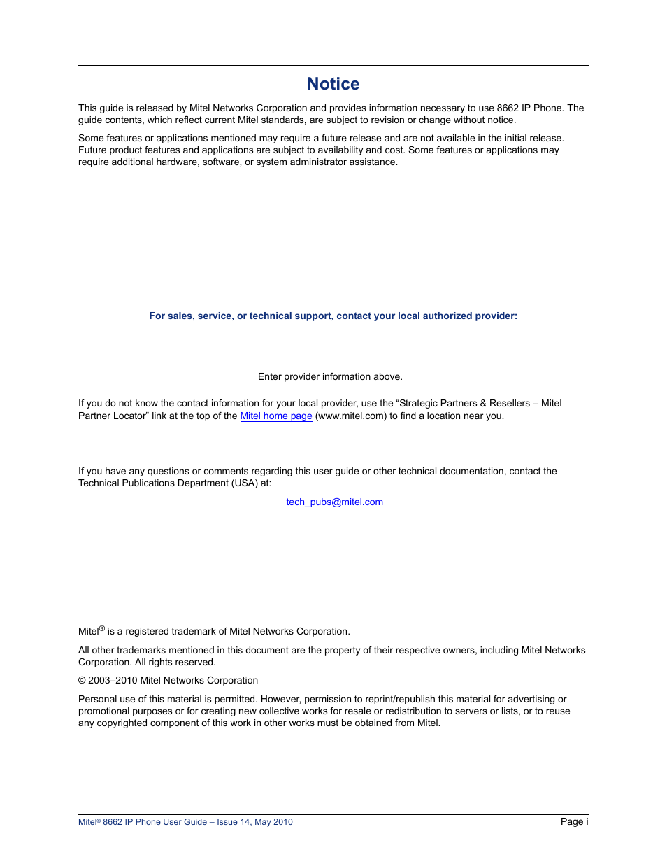 Notice | Mitel 8662 User Manual | Page 5 / 78