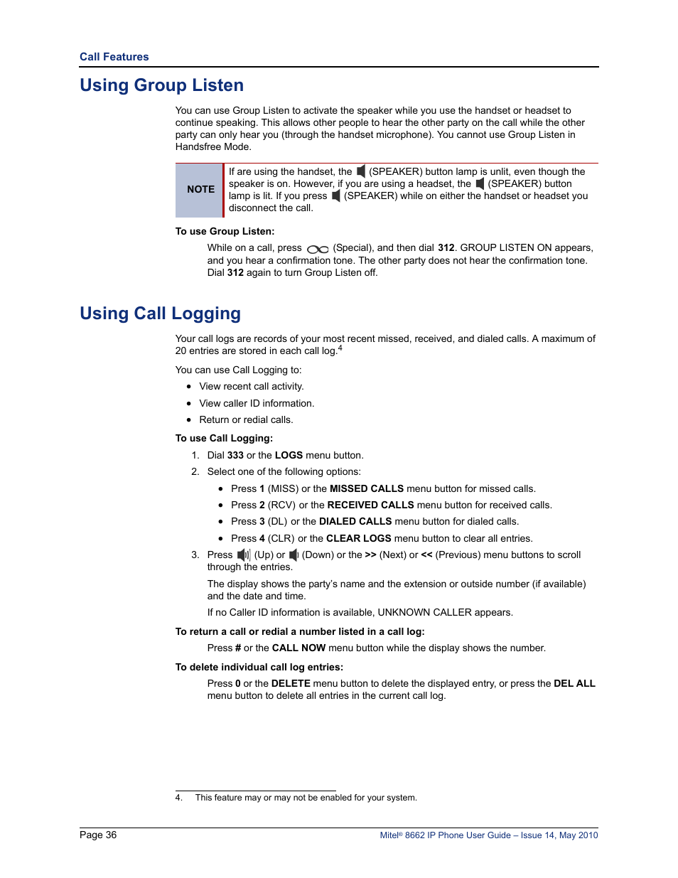 Using group listen, Using call logging | Mitel 8662 User Manual | Page 50 / 78