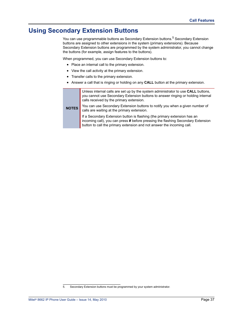 Using secondary extension buttons | Mitel 8662 User Manual | Page 51 / 78
