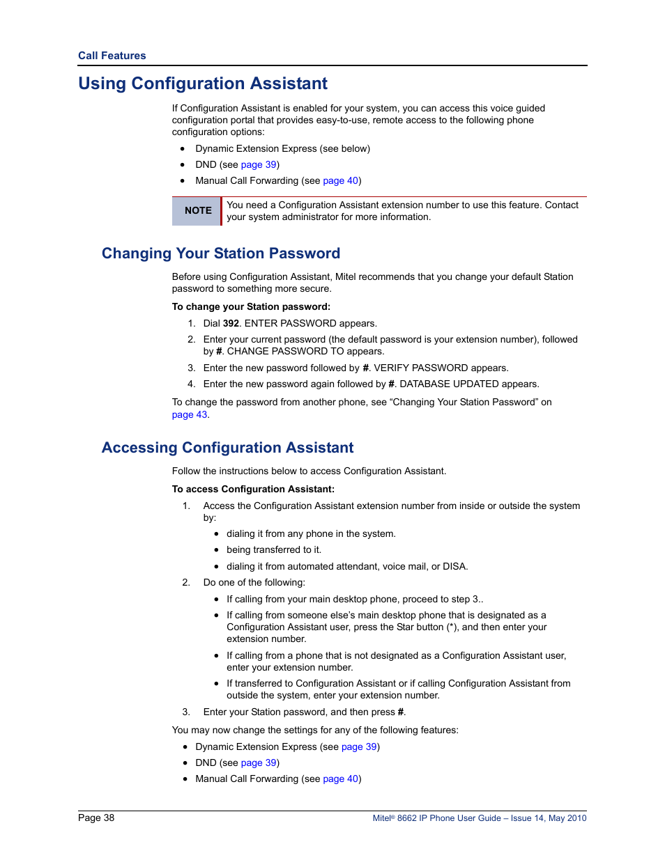 Using configuration assistant, Changing your station password, Accessing configuration assistant | Mitel 8662 User Manual | Page 52 / 78