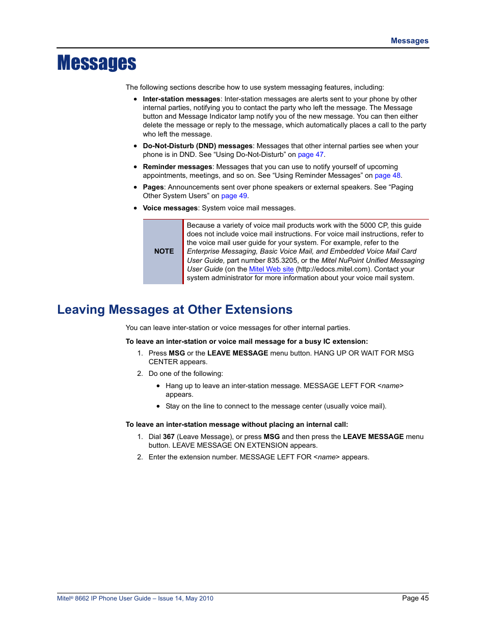 Messages, Leaving messages at other extensions, See “leaving messages at other extensions” on | E “leaving messages at other extensions” on | Mitel 8662 User Manual | Page 59 / 78