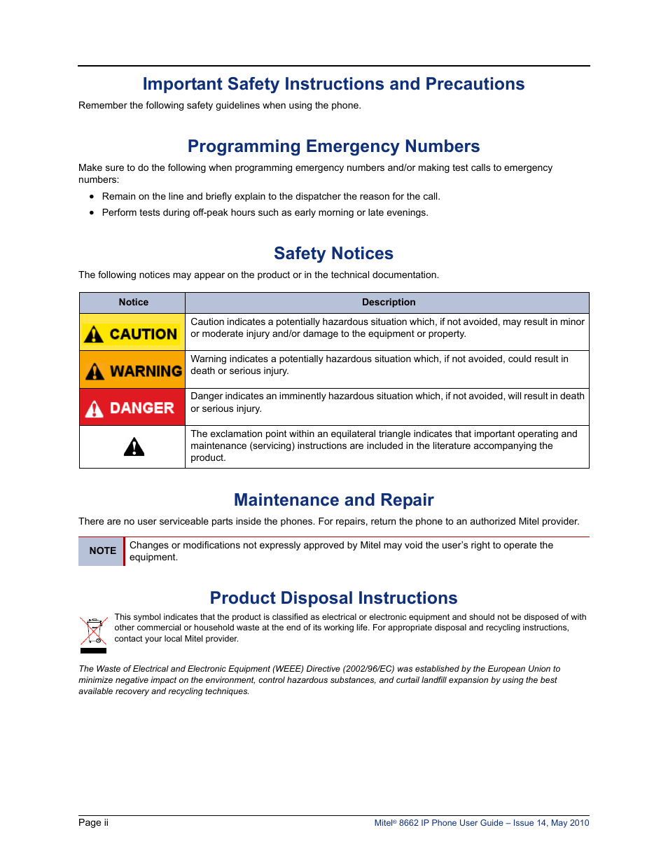 Important safety instructions and precautions, Programming emergency numbers, Safety notices | Maintenance and repair, Product disposal instructions | Mitel 8662 User Manual | Page 6 / 78