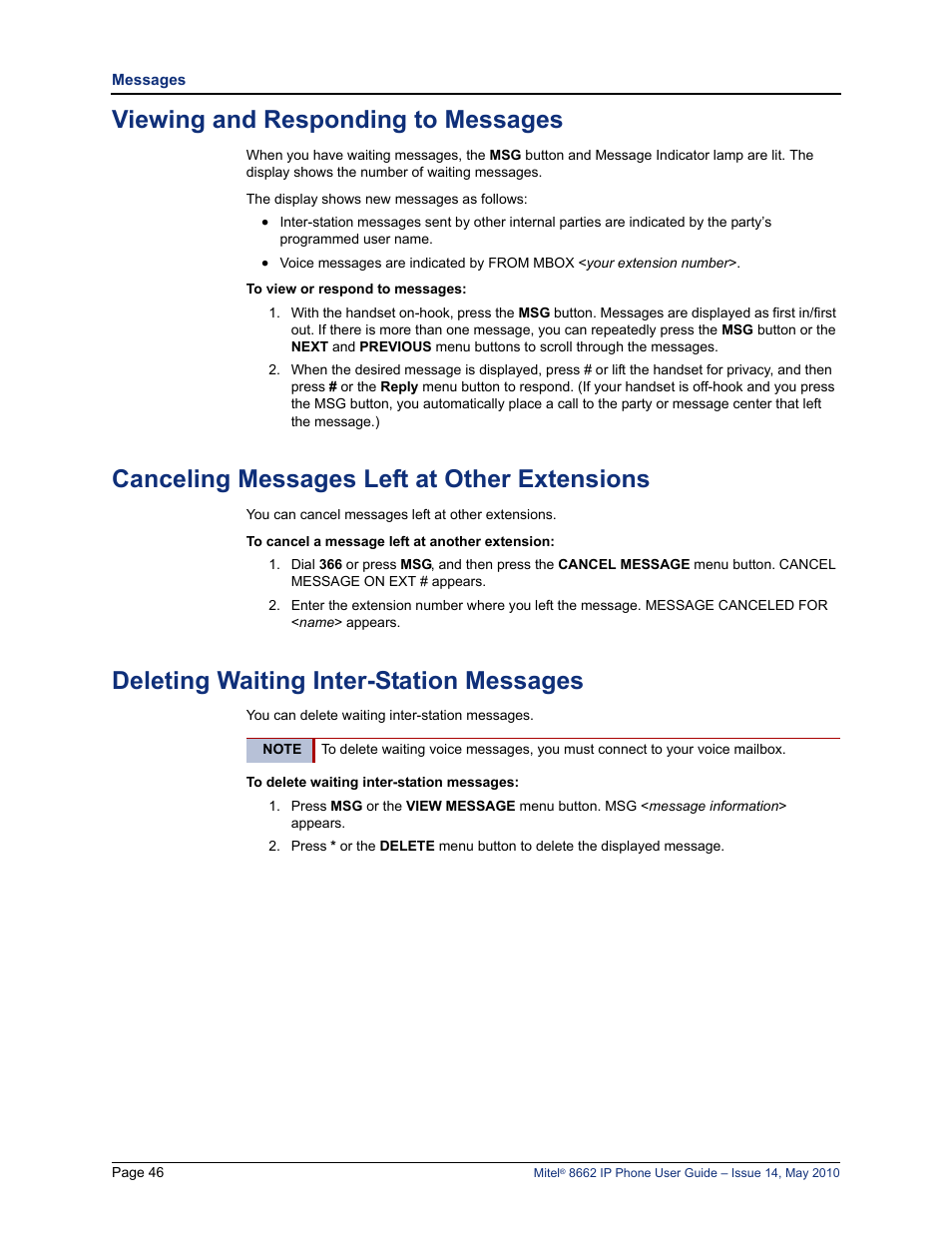 Viewing and responding to messages, Canceling messages left at other extensions, Deleting waiting inter-station messages | Mitel 8662 User Manual | Page 60 / 78