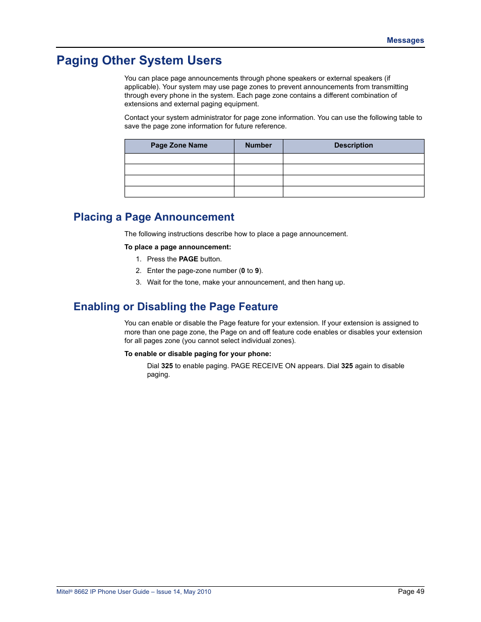 Paging other system users, S. see “paging other system users” on, Kers. see “paging other system users” on | Placing a page announcement, Enabling or disabling the page feature | Mitel 8662 User Manual | Page 63 / 78
