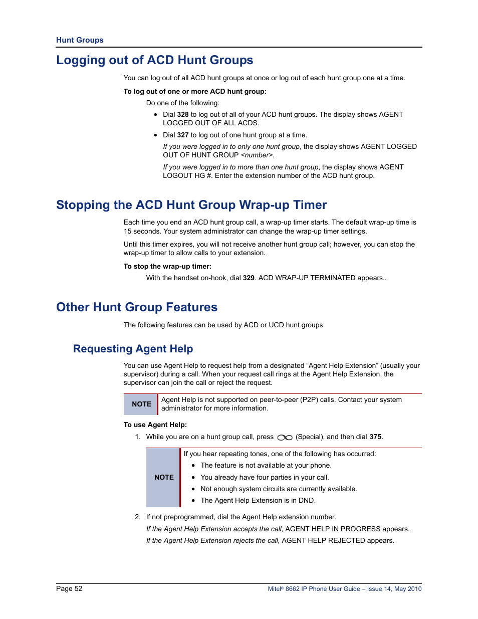 Logging out of acd hunt groups, Stopping the acd hunt group wrap-up timer, Other hunt group features | Requesting agent help | Mitel 8662 User Manual | Page 66 / 78