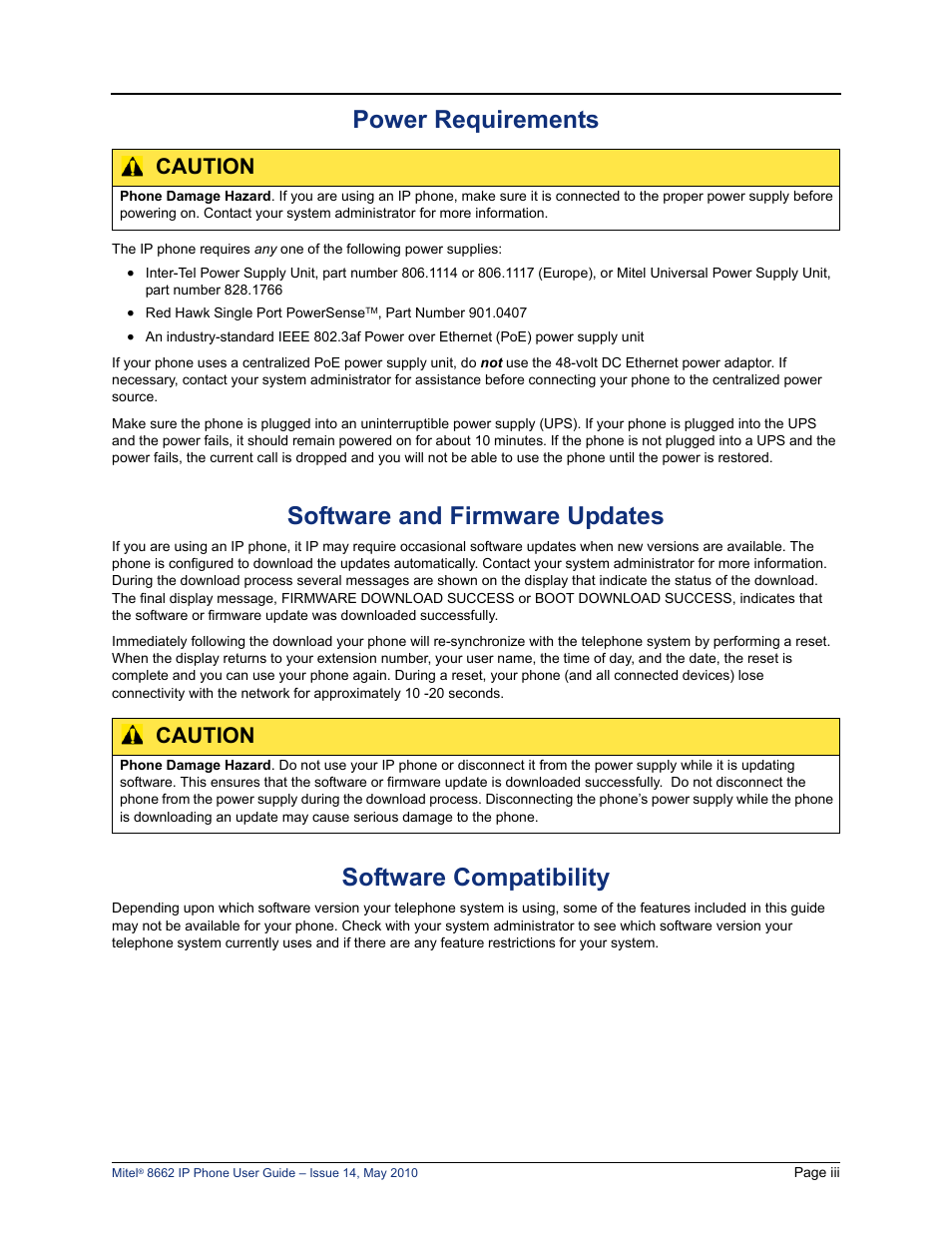 Power requirements, Software and firmware updates, Software compatibility | Caution | Mitel 8662 User Manual | Page 7 / 78