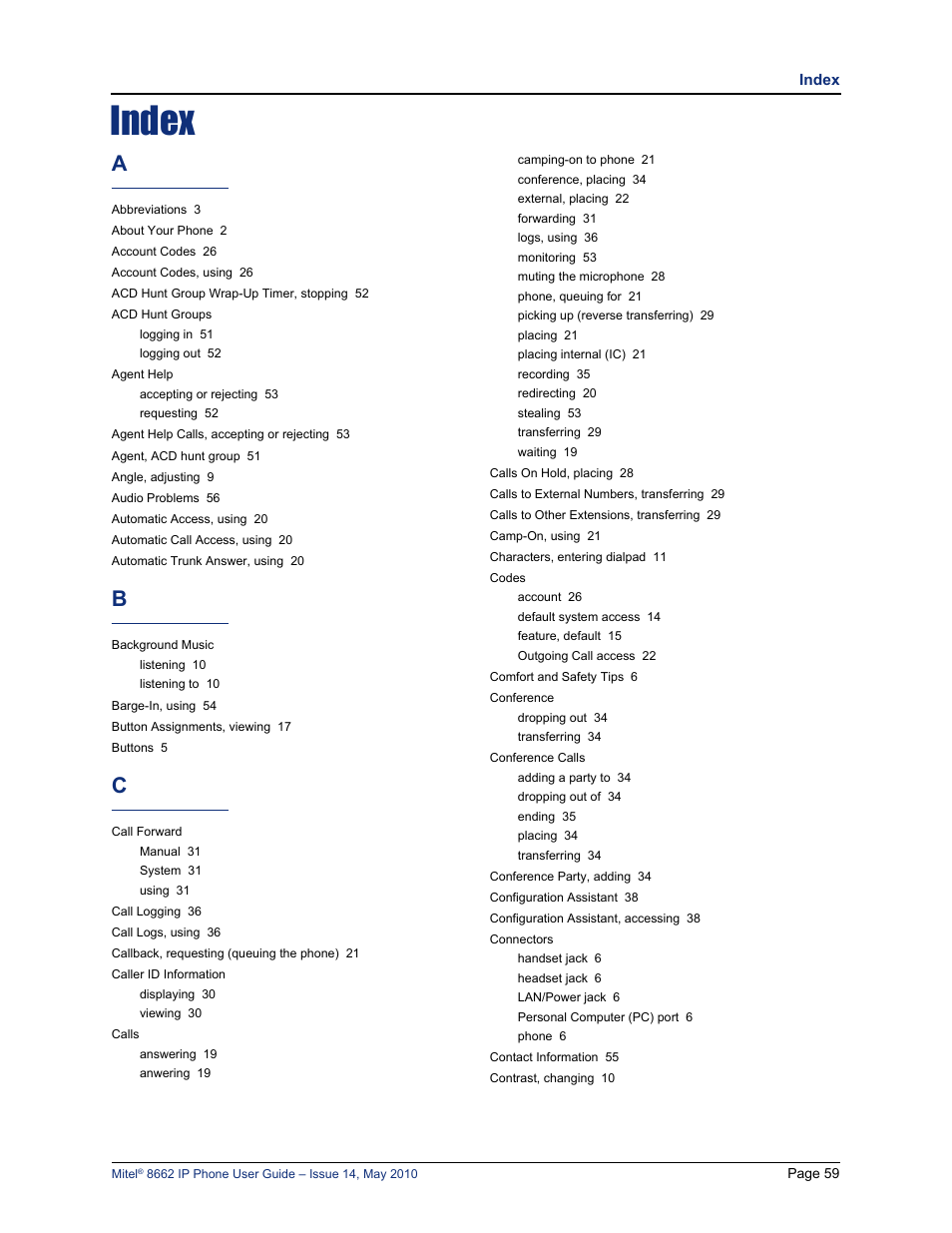Index | Mitel 8662 User Manual | Page 73 / 78