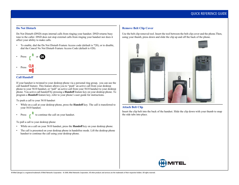 Quick reference guide | Mitel 5610 User Manual | Page 5 / 6