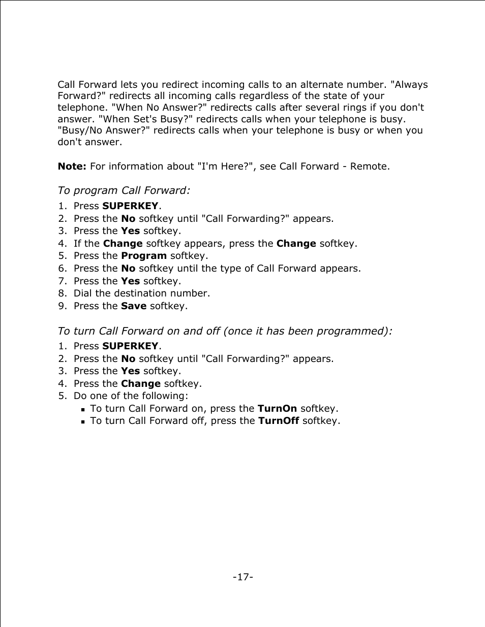 Call forward (no internal/external split) | Mitel 4125 SX-200 User Manual | Page 22 / 44