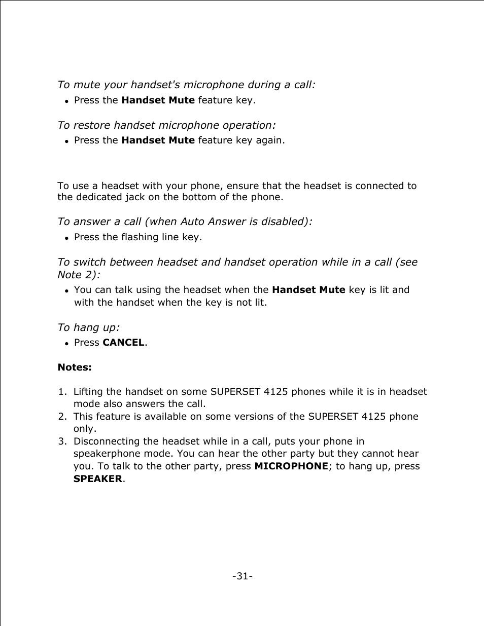 Handset mute, Headset operation | Mitel 4125 SX-200 User Manual | Page 36 / 44