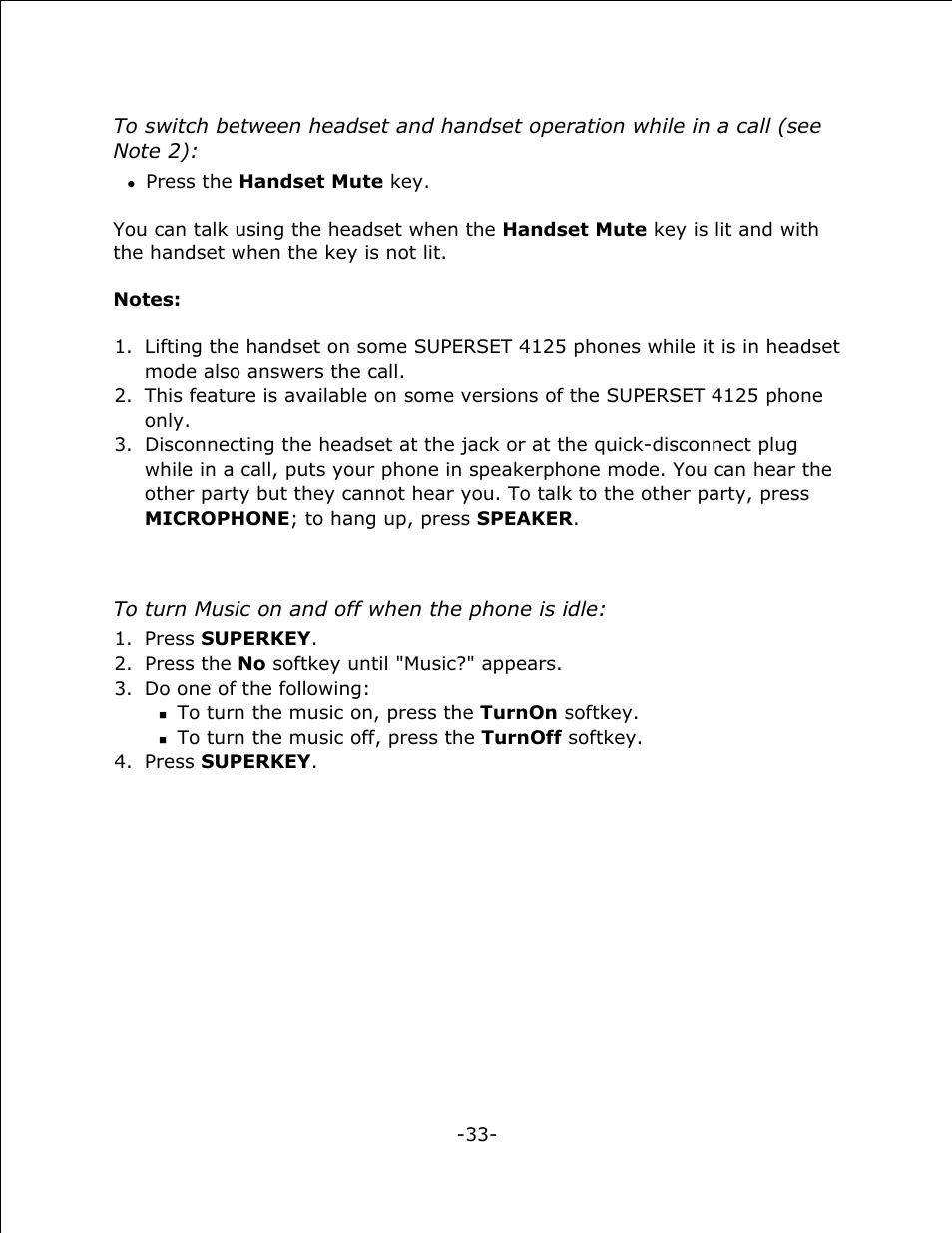 Music | Mitel 4125 SX-200 User Manual | Page 38 / 44