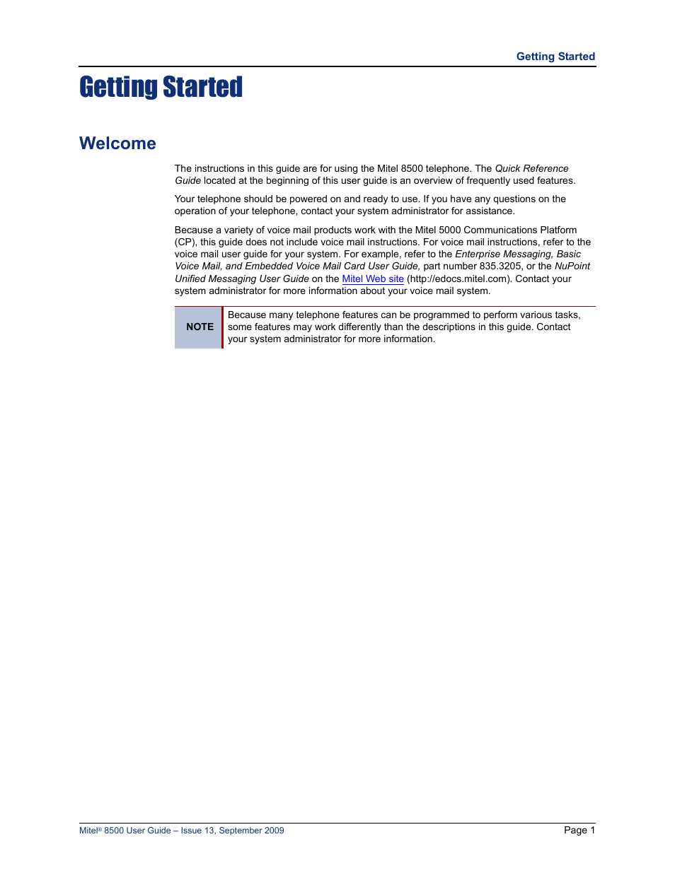 Getting started, Welcome | Mitel 8500 User Manual | Page 13 / 60