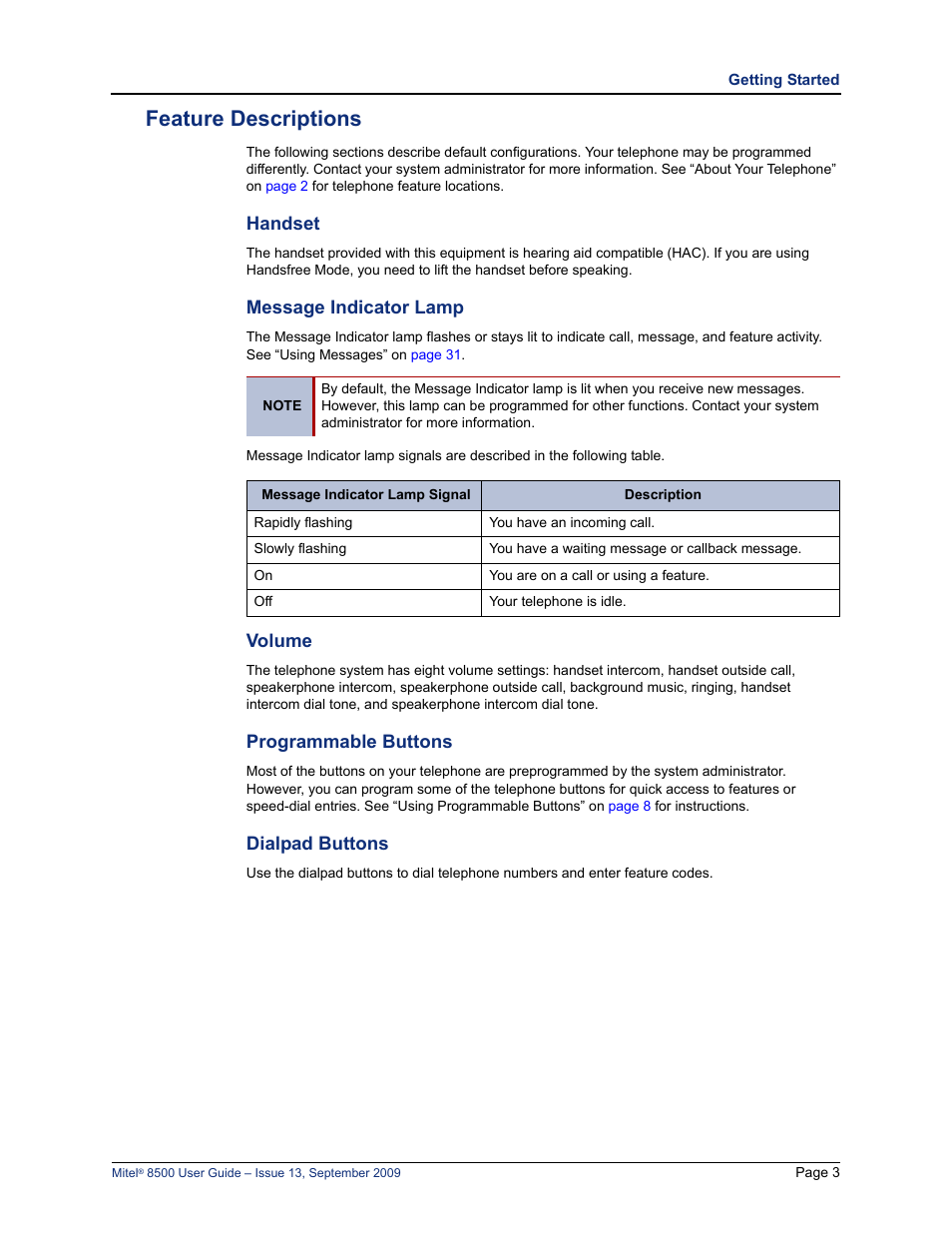 Feature descriptions, Handset, Message indicator lamp | Volume, Programmable buttons, Dialpad buttons | Mitel 8500 User Manual | Page 15 / 60