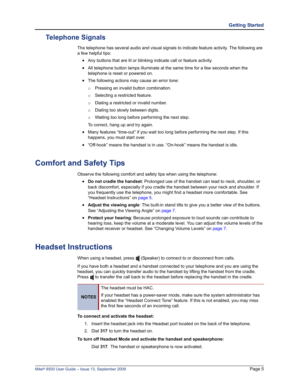 Telephone signals, Comfort and safety tips, Headset instructions | Mitel 8500 User Manual | Page 17 / 60