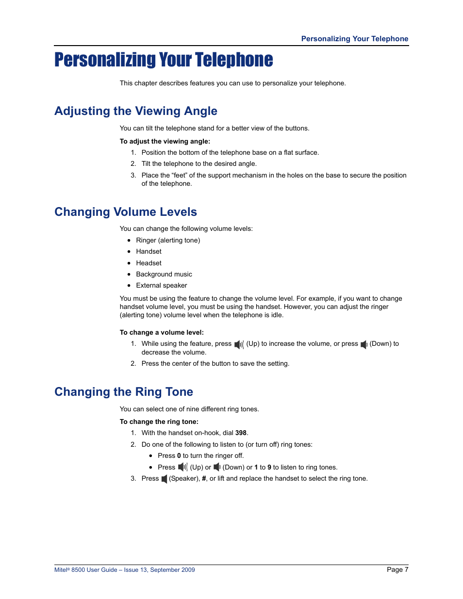 Personalizing your telephone, Adjusting the viewing angle, Changing volume levels | Changing the ring tone, See “adjusting the viewing angle” on, Set. see “changing volume levels” on | Mitel 8500 User Manual | Page 19 / 60