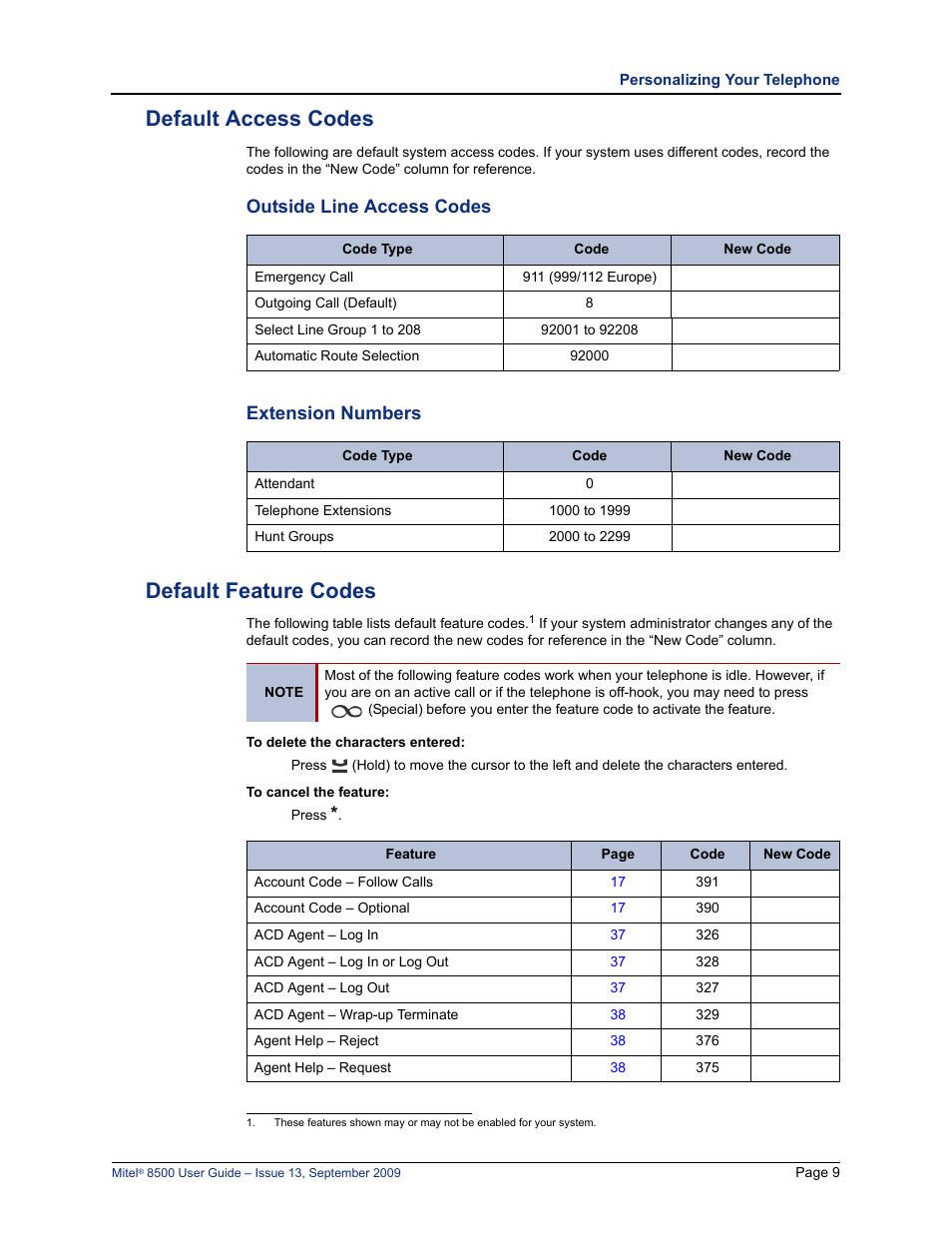 Default access codes, Default feature codes, Outside line access codes extension numbers | D “default feature codes” on | Mitel 8500 User Manual | Page 21 / 60