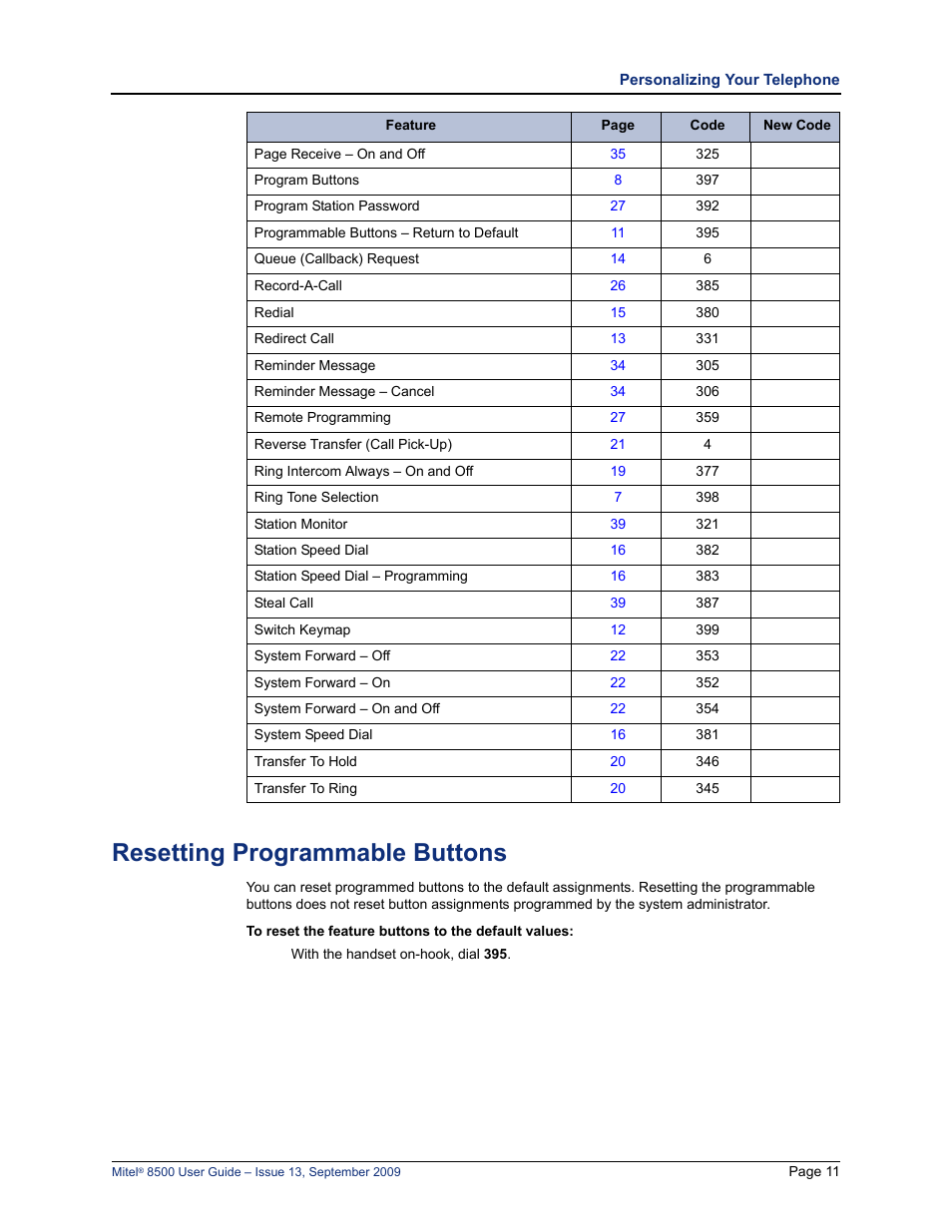 Resetting programmable buttons | Mitel 8500 User Manual | Page 23 / 60