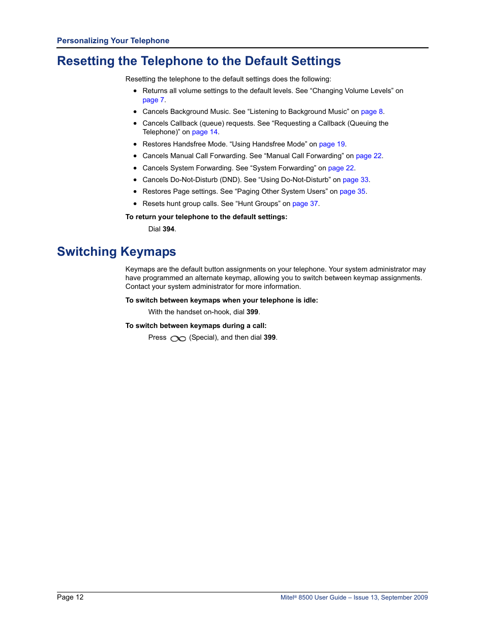 Resetting the telephone to the default settings, Switching keymaps | Mitel 8500 User Manual | Page 24 / 60