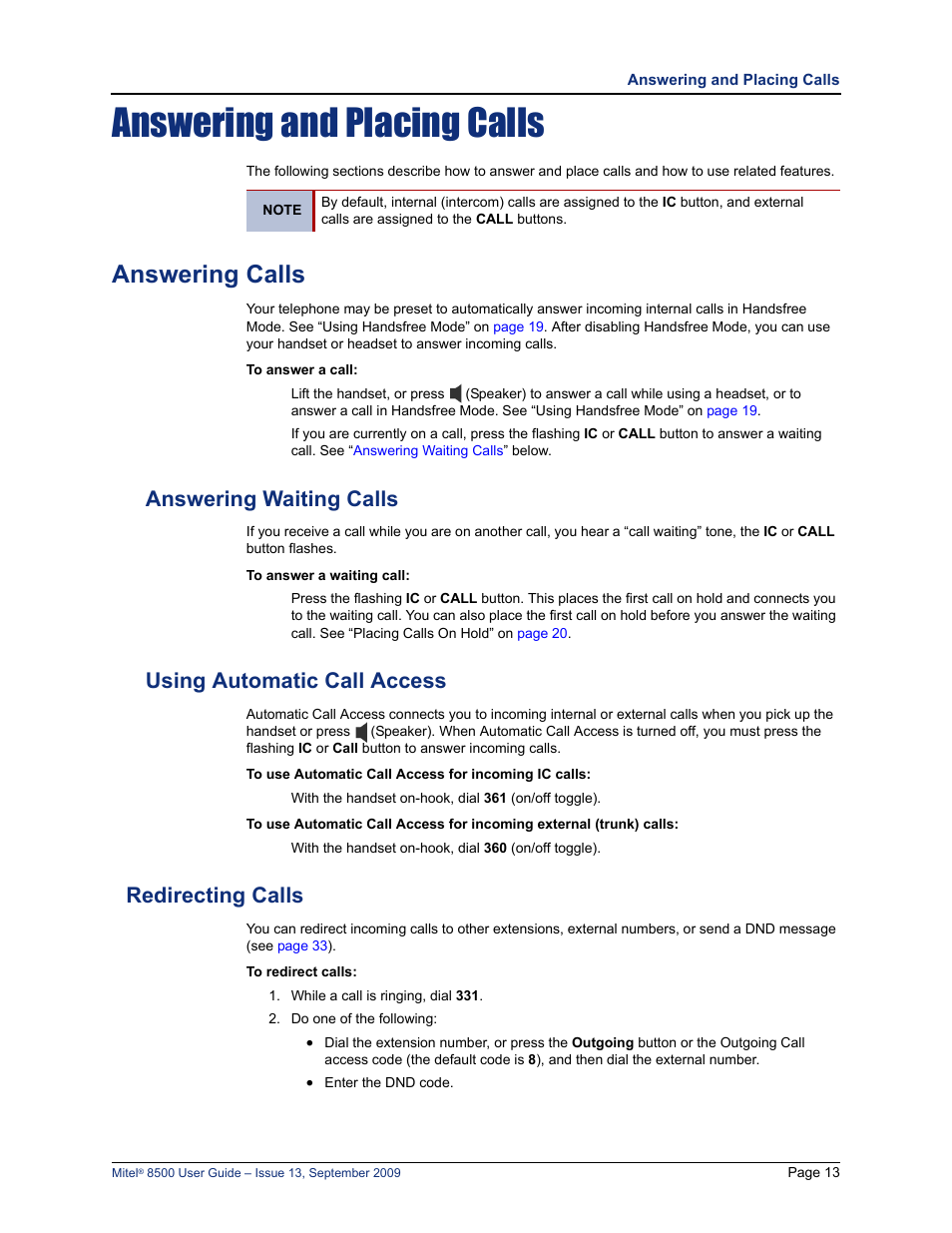 Answering and placing calls, Answering calls, Answering waiting calls | Using automatic call access, Redirecting calls | Mitel 8500 User Manual | Page 25 / 60