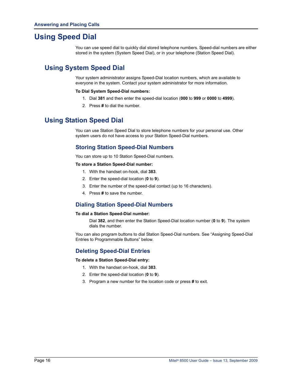 Using speed dial, Using system speed dial, Using station speed dial | Using system speed dial using station speed dial, See “using speed dial” on | Mitel 8500 User Manual | Page 28 / 60