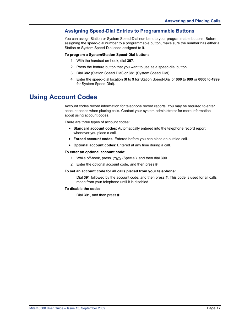 Using account codes, Using account codes” on | Mitel 8500 User Manual | Page 29 / 60
