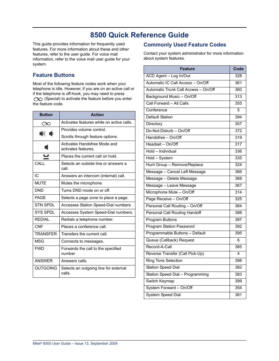 8500 quick reference guide, Feature buttons, Commonly used feature codes | Mitel 8500 User Manual | Page 3 / 60