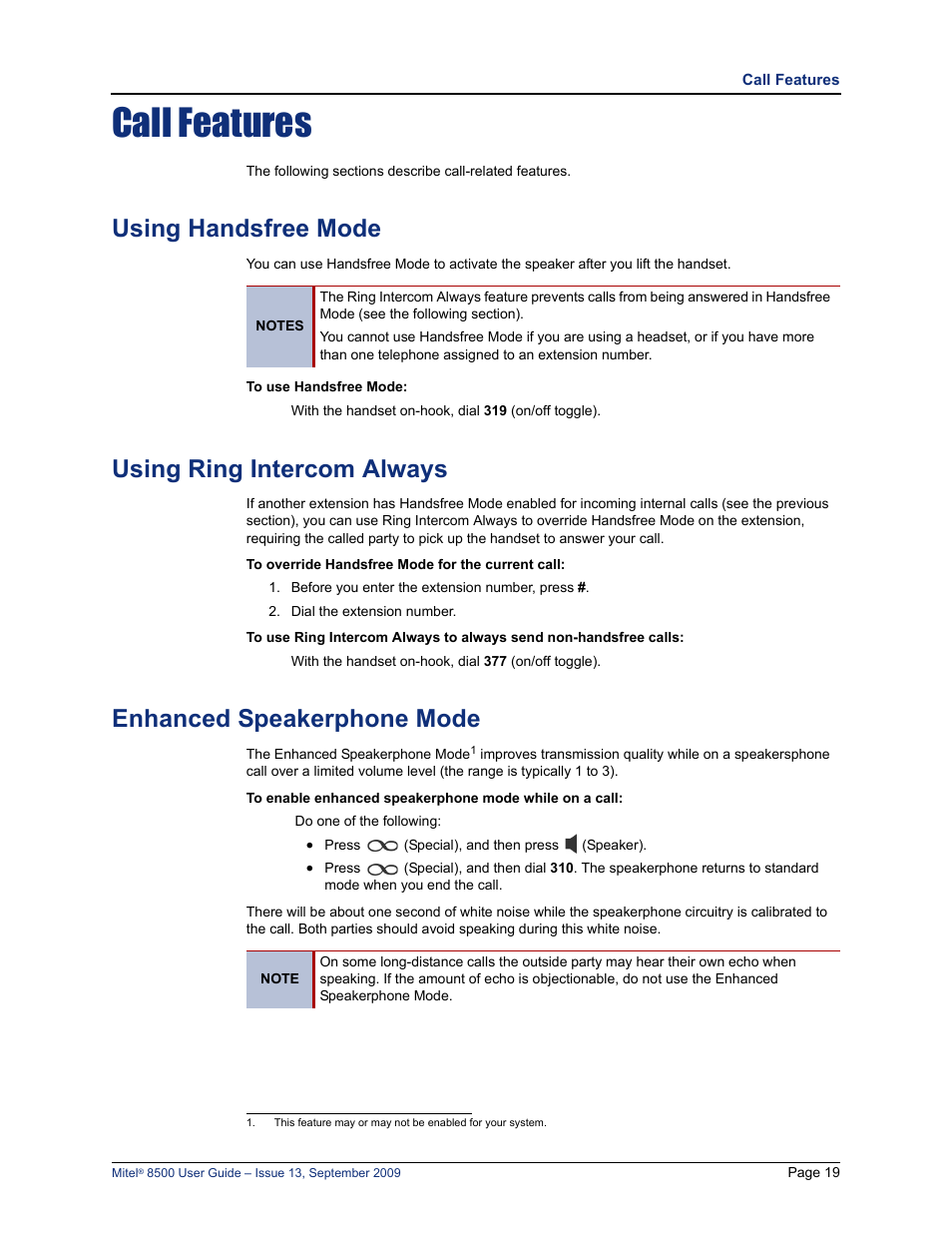 Call features, Using handsfree mode, Using ring intercom always | Enhanced speakerphone mode, Using handsfree mode” on, Mode. see “using handsfree mode” on, E “using handsfree mode” on | Mitel 8500 User Manual | Page 31 / 60