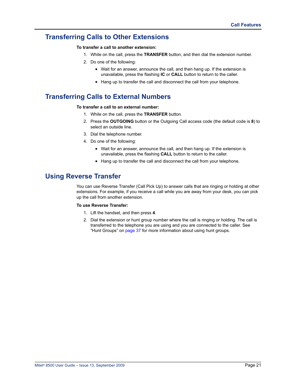 Transferring calls to other extensions, Transferring calls to external numbers, Using reverse transfer | Mitel 8500 User Manual | Page 33 / 60