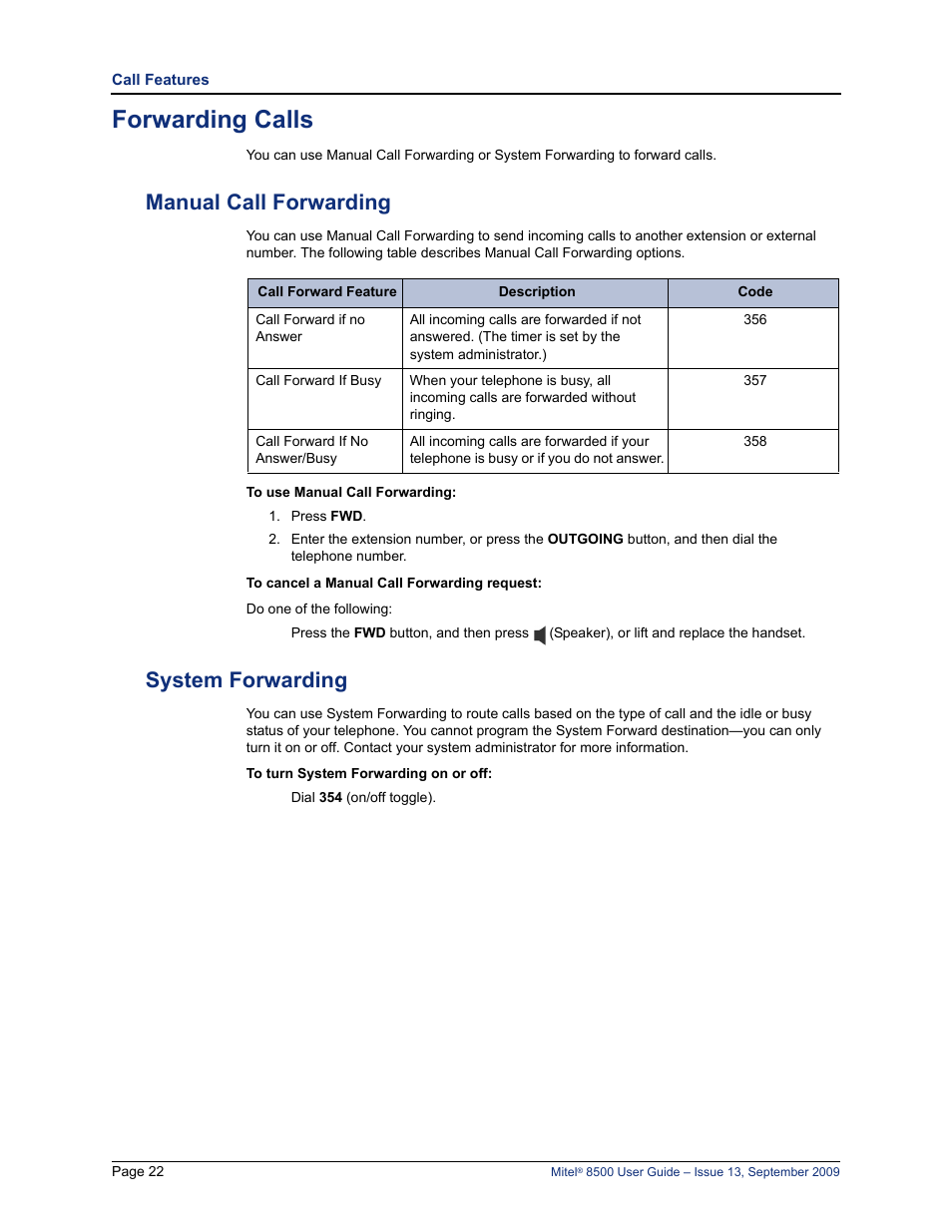 Forwarding calls, Manual call forwarding, System forwarding | Manual call forwarding system forwarding, E “manual call forwarding” on, System forwarding” on | Mitel 8500 User Manual | Page 34 / 60