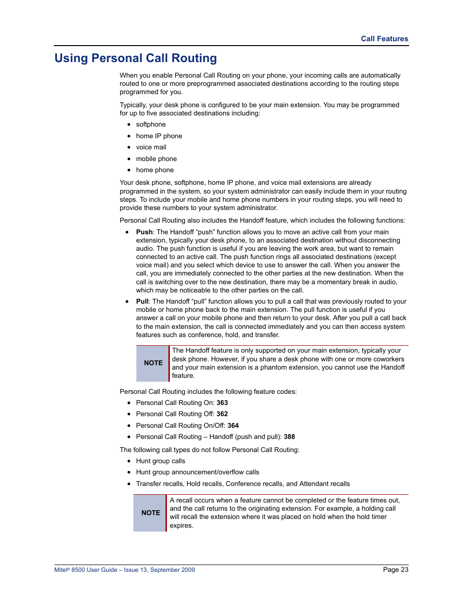 Using personal call routing | Mitel 8500 User Manual | Page 35 / 60