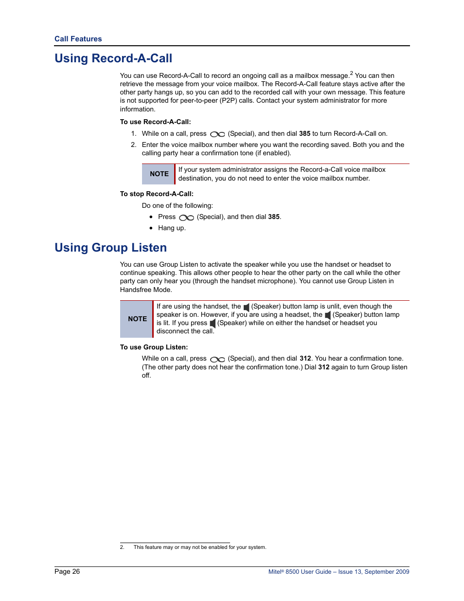 Using record-a-call, Using group listen | Mitel 8500 User Manual | Page 38 / 60