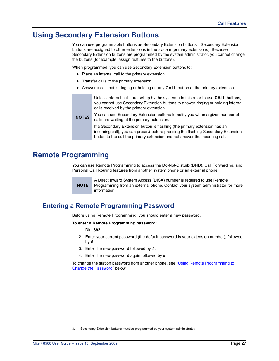 Using secondary extension buttons, Remote programming, Entering a remote programming password | Mitel 8500 User Manual | Page 39 / 60