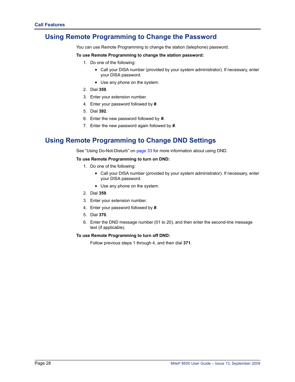 Using remote programming to change the password, Using remote programming to change dnd settings | Mitel 8500 User Manual | Page 40 / 60