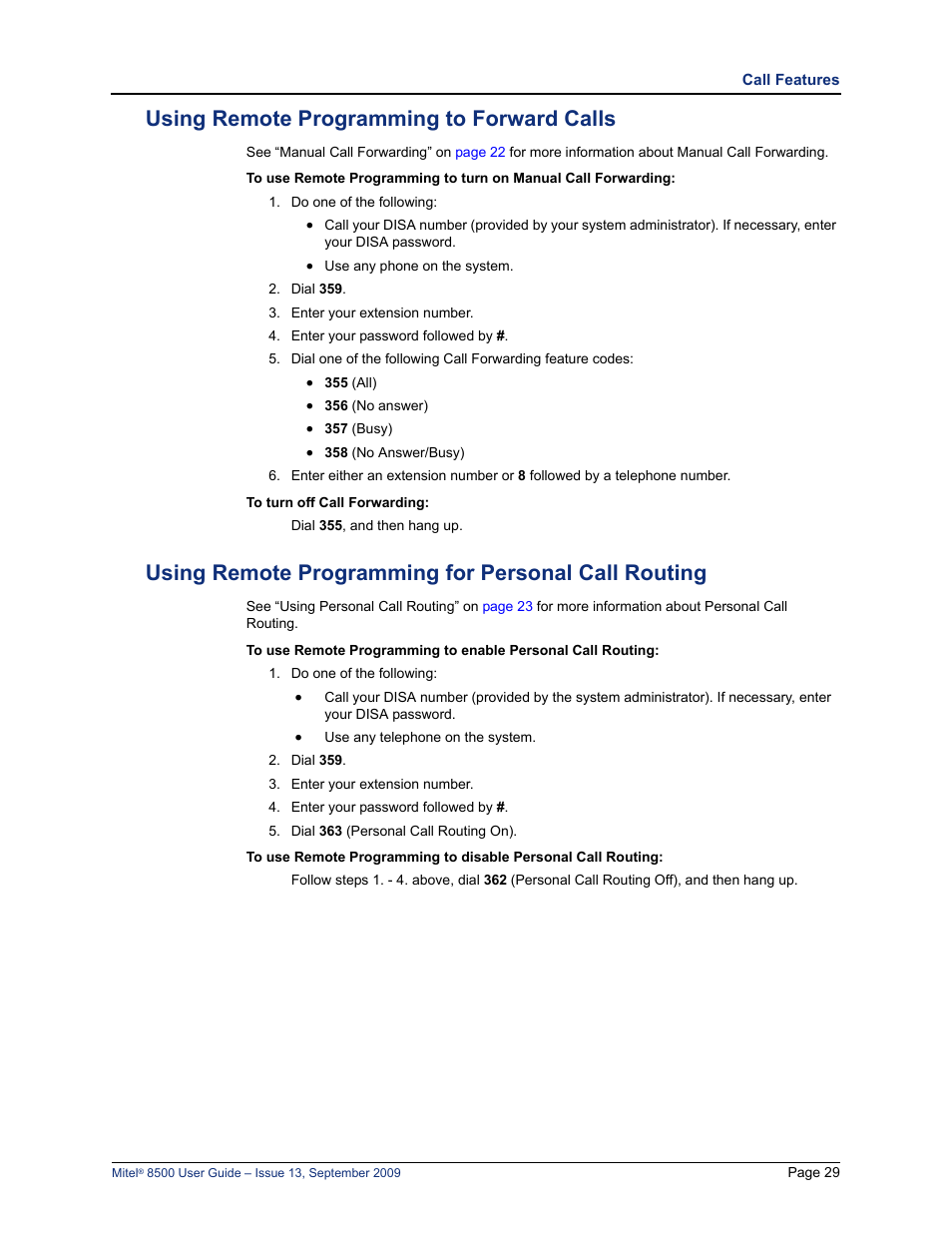 Using remote programming to forward calls, Using remote programming for personal call routing | Mitel 8500 User Manual | Page 41 / 60