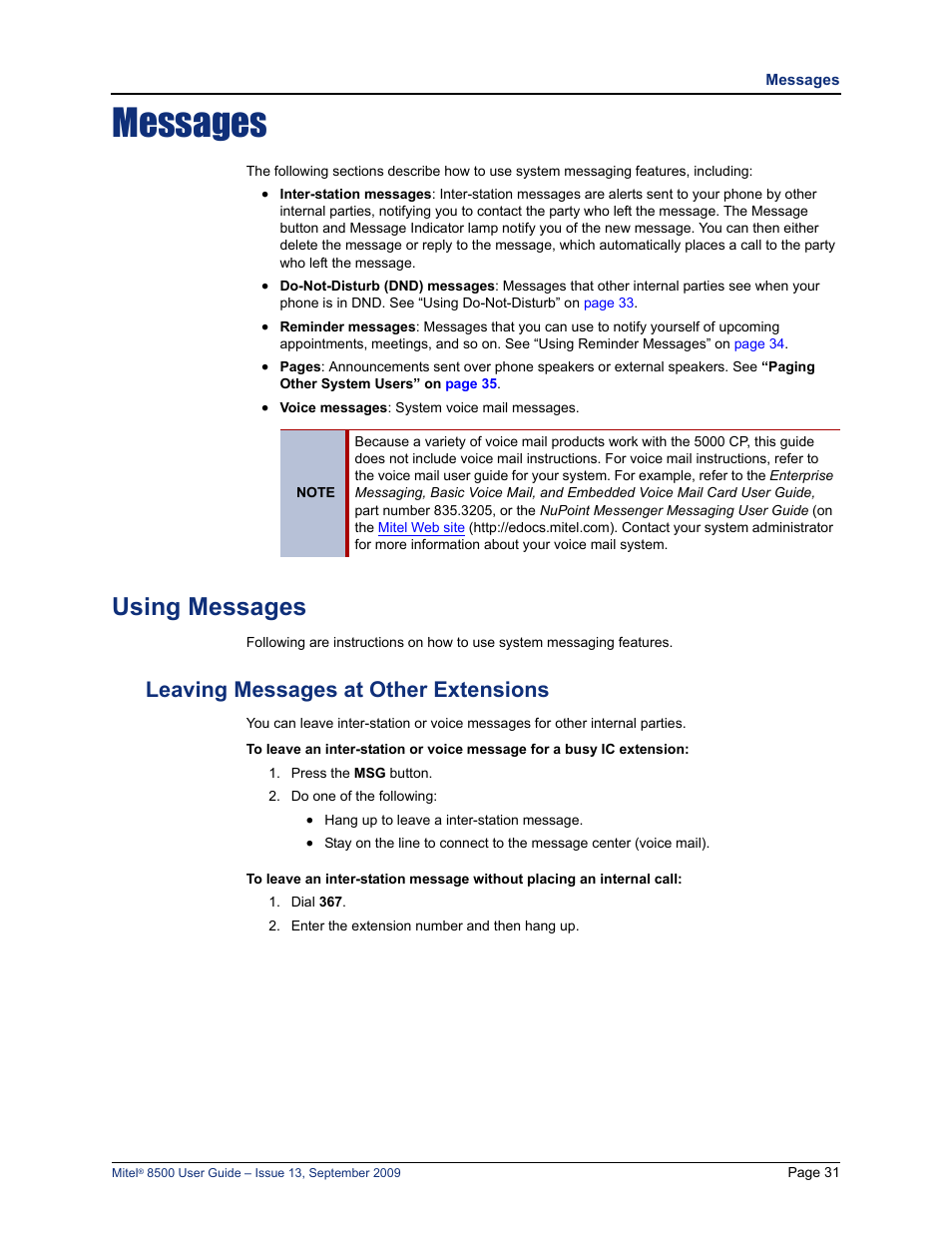 Messages, Using messages, Leaving messages at other extensions | See “using messages” on, E “leaving messages at other extensions” on | Mitel 8500 User Manual | Page 43 / 60