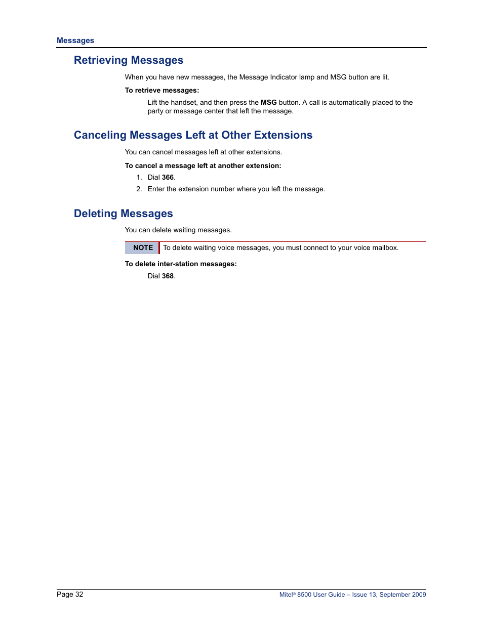 Retrieving messages, Canceling messages left at other extensions, Deleting messages | Mitel 8500 User Manual | Page 44 / 60